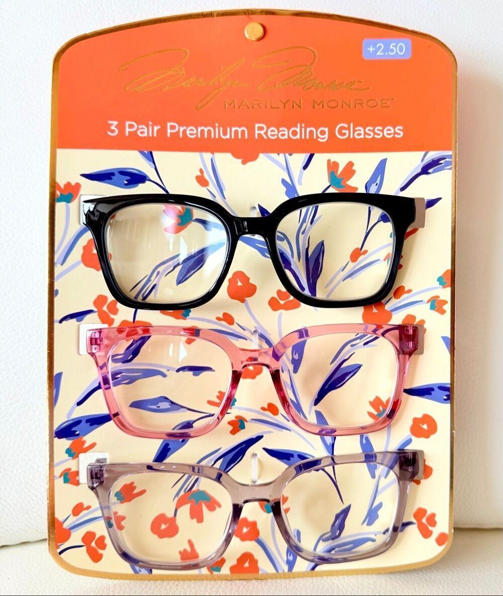 NWT 3 Pack 2.50 Marilyn Monroe Premium Reading Glasses Black, light Pink & Grey